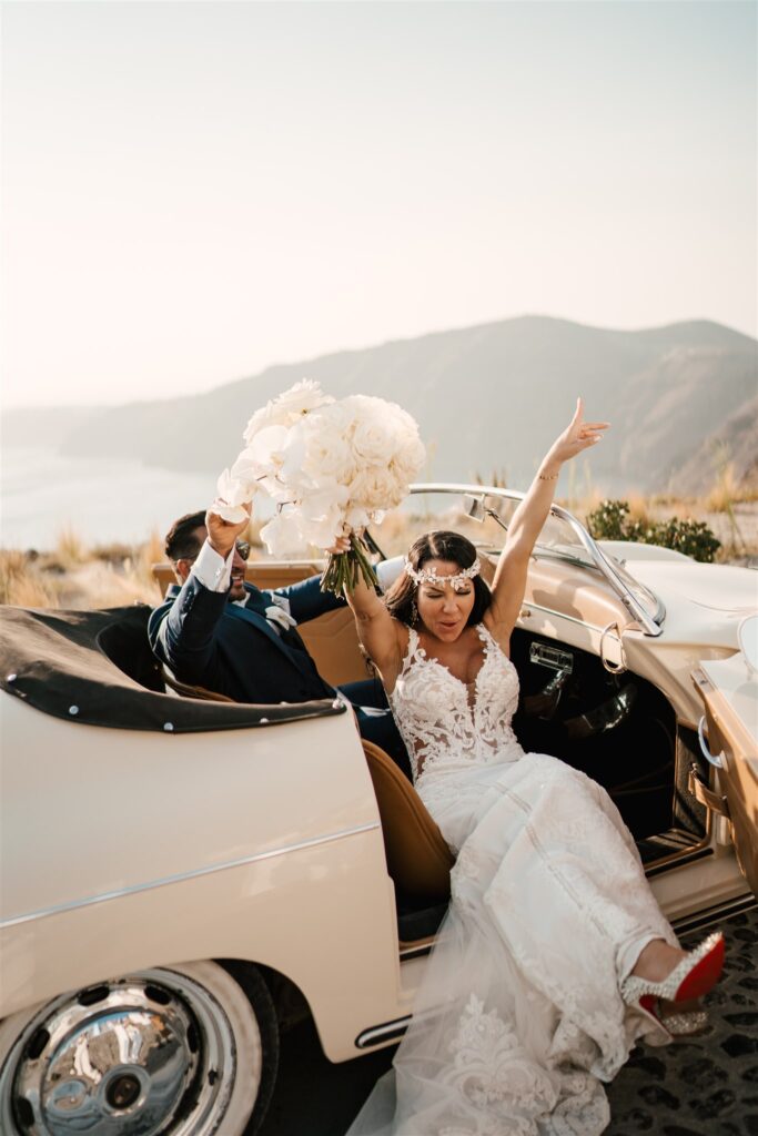 vintage car wedding inspo santorini