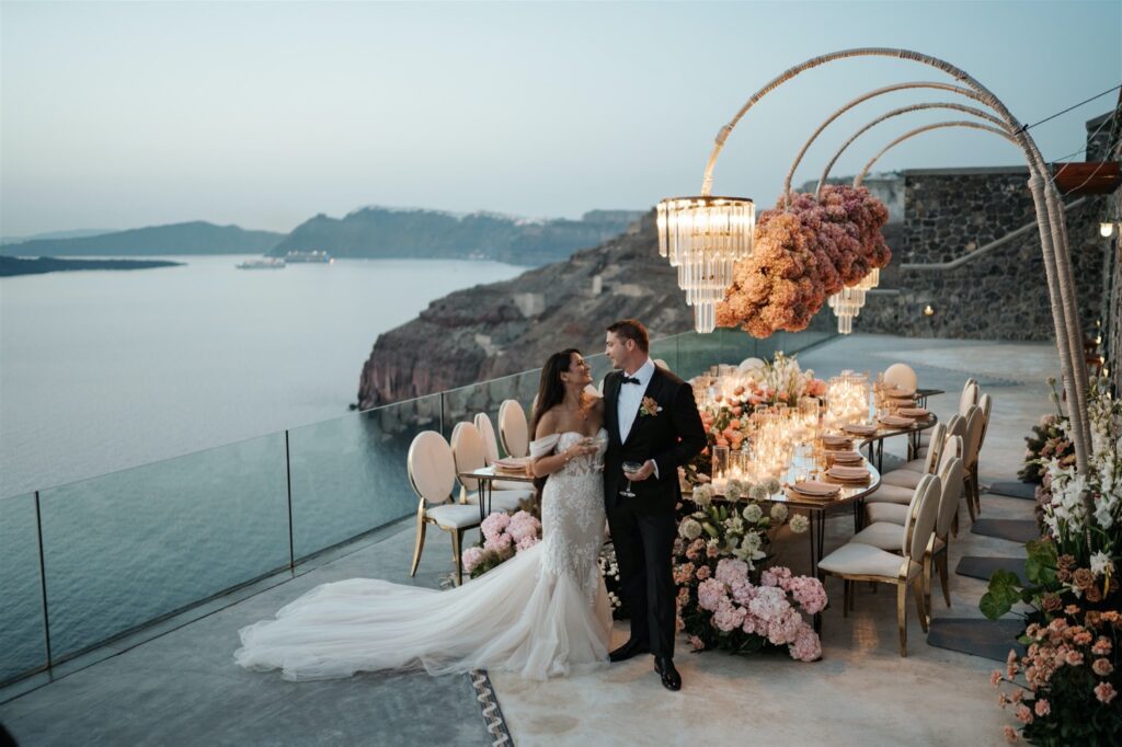 Luxury Full Of Color Destination Wedding In Santorini Greece Cavo Ventus Dinner Setup.jpg 2024 Wedding trends 