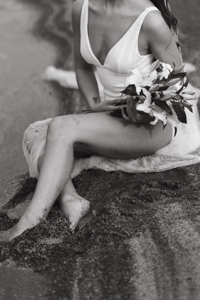 bride on the beach detail with lillys wedding photographer and cinematographer